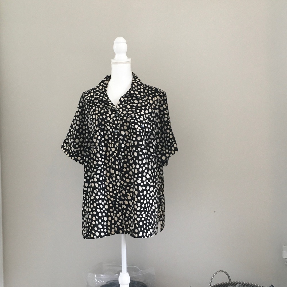 Elementz Black Blouse with Cream Polka Dots - Short Sleeve Button Front